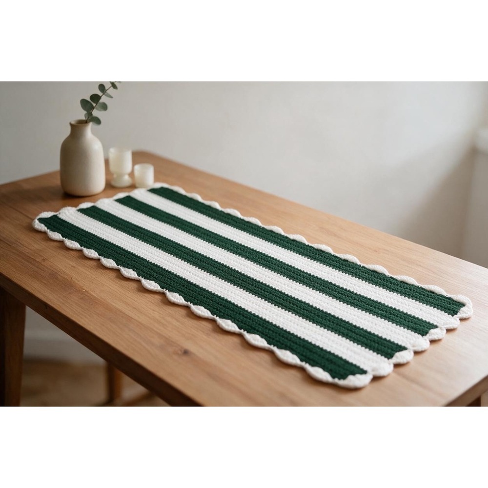 Handmade Farmhouse Striped Table Runner Green White 16x48 Scalloped Edge